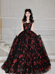 Black Tulle and Red Sequins Long Formal Dress, A-Line Strapless Evening Party Dress