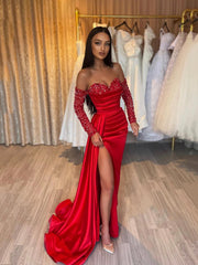 Red Sheath Sweetheart Sequins Prom Dress, Long Sleeves Red Formal Dress
