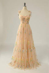 Champagne Tulle Lace Floor Length Prom Dress, A-Line Spaghetti Straps Evening Dress