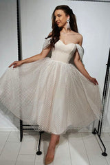 Champagne Tulle Short Prom Dress, A-Line Off the Shoulder Party Dress
