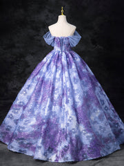 Dreamy Colorful Flowers Purple/blue Prom Dress, Fairy Off the Shoulder A-Line Princess Party Gown
