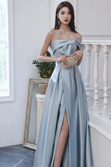 Blue Satin Long Prom Dress, A-Line Evening Dress with Slit