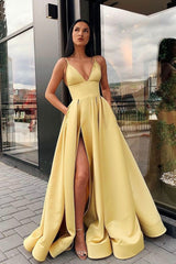 Yellow V-Neck Satin Long Prom Dress, Simple A-Line Evening Dress