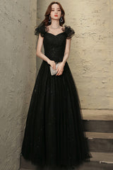 Black Tulle Long Prom Dress with Beaded, Black Evening Graduation Dress