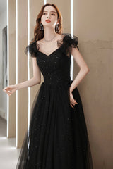 Black Tulle Long Prom Dress with Beaded, Black Evening Graduation Dress