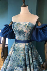 Blue Floral Pattern Long Senior Prom Dress, Off the Shoulder Evening Party Dress