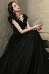 Black Tulle Long Prom Dress with Beaded, Black Evening Graduation Dress