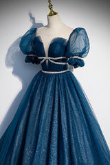 Blue Tulle Beading Long Prom Dresses, A-Line Evening Dresses