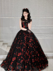 Black Tulle and Red Sequins Long Formal Dress, A-Line Strapless Evening Party Dress