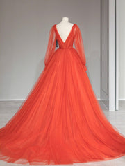 Aline v neck tulle orange long prom dress, orange formal party dress