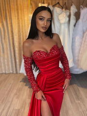 Red Sheath Sweetheart Sequins Prom Dress, Long Sleeves Red Formal Dress
