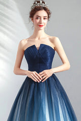 Blue Gradient Tulle Long Party Dresses, A-Line Elegant Lace-Up Prom Dresses