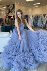 Blue Strapless Tulle Long Formal Dresses, Blue A-Line Evening Dresses