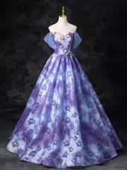 Dreamy Colorful Flowers Purple/blue Prom Dress, Fairy Off the Shoulder A-Line Princess Party Gown