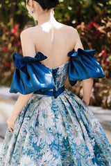 Blue Floral Long Senior Prom Dress, Blue A-Line Evening Dress