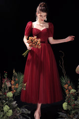 Burgundy A-Line Tulle Short Prom Dress, Cute Short Sleeve Homecoming Dress
