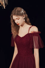 Spaghetti Straps Tulle Long Prom Dress with Beaded, Burgundy A-Line Party Dress