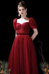 Burgundy A-Line Tulle Short Prom Dress, Cute Short Sleeve Homecoming Dress