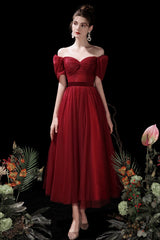 Burgundy A-Line Tulle Short Prom Dress, Cute Short Sleeve Homecoming Dress