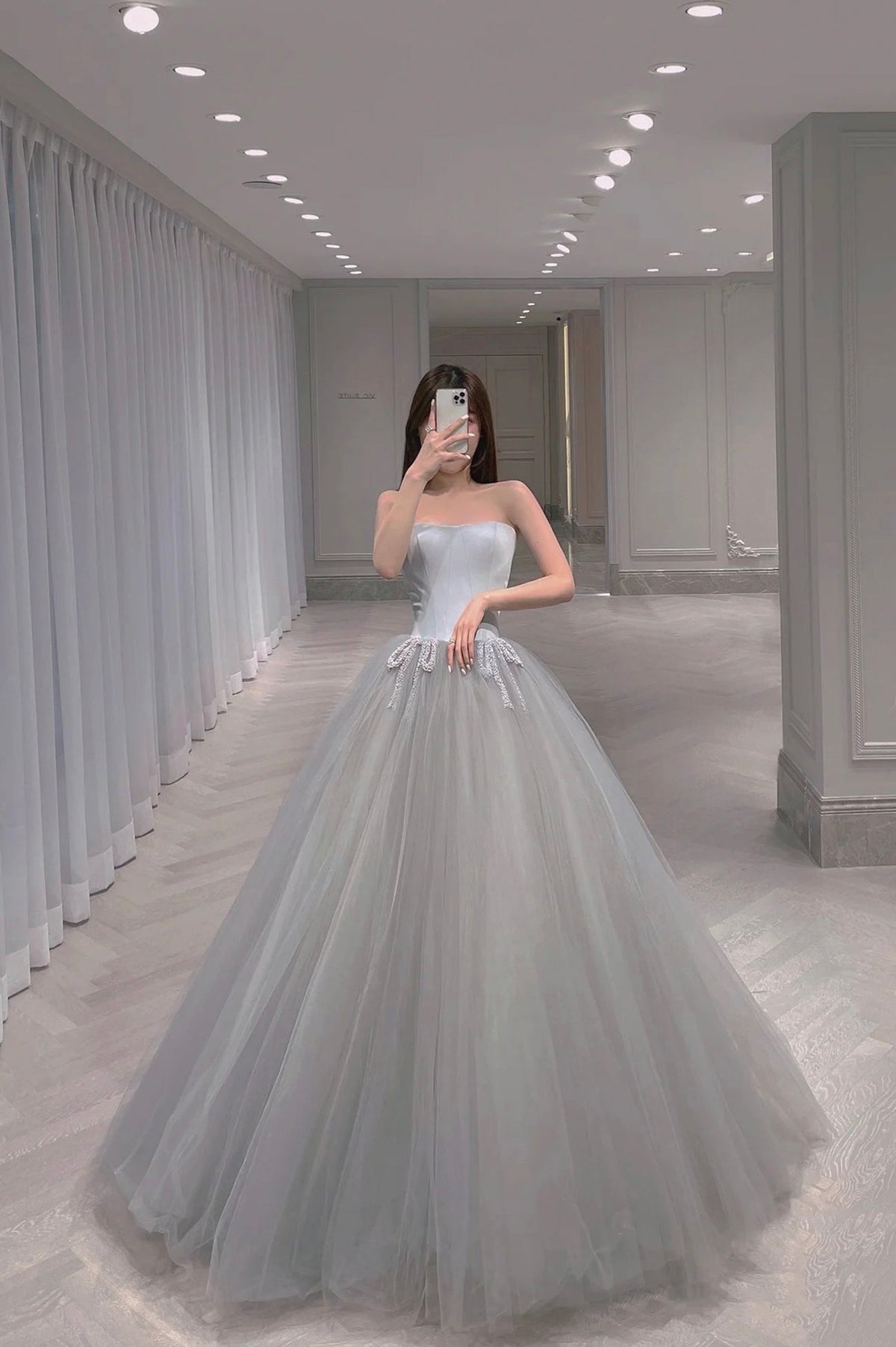 Gray Tulle Long A-Line Prom Dress, Cute Strapless Evening Party Dress