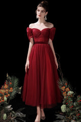 Burgundy A-Line Tulle Short Prom Dress, Cute Short Sleeve Homecoming Dress