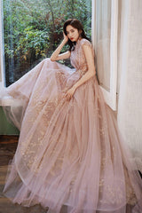 A-Line Tulle Long Prom Dress with Sequins, Cute Evening Party Dress