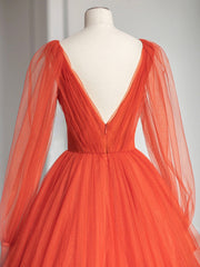 Aline v neck tulle orange long prom dress, orange formal party dress