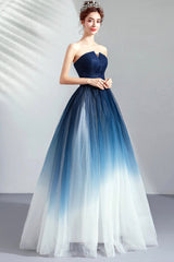 Blue Gradient Tulle Long Party Dresses, A-Line Elegant Lace-Up Prom Dresses