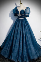 Blue Tulle Beading Long Prom Dresses, A-Line Evening Dresses