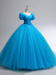 Beautiful Blue Rhinestone Floor Length Prom Dress, A-Line Short Sleeve Evening Dress