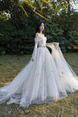 Ivory Tulle Long Sleeve Prom Dress, A-Line Evening Dress with Butterfly