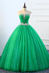 Strapless Green Sequins Tulle Long A Line Beaded Prom Dress, Formal Dress KS7480