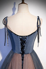 Blue Tulle Spaghetti Strap Long Prom Dress, A-Line Lace-Up Evening Dress