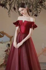 Burgundy Satin Tulle Long Prom Dress, A-Line Evening Dress