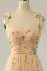 Champagne Tulle Lace Floor Length Prom Dress, A-Line Spaghetti Straps Evening Dress