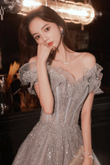 Gray Tulle Sequins Long Prom Dresses, A-Line Off the Shoulder Evening Dresses