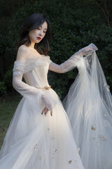 Ivory Tulle Long Sleeve Prom Dress, A-Line Evening Dress with Butterfly