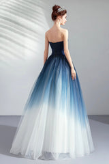 Blue Gradient Tulle Long Party Dresses, A-Line Elegant Lace-Up Prom Dresses