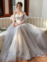 Gray Strapless Tulle Long Prom Dress, Lovely A-Line Evening Dress
