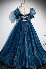 Blue Tulle Beading Long Prom Dresses, A-Line Evening Dresses