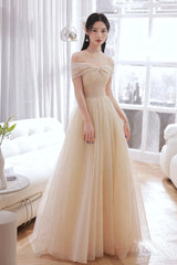 Champagne Tulle Long A-Line Prom Dress, Champagne Off the Shoulder Evening Dress