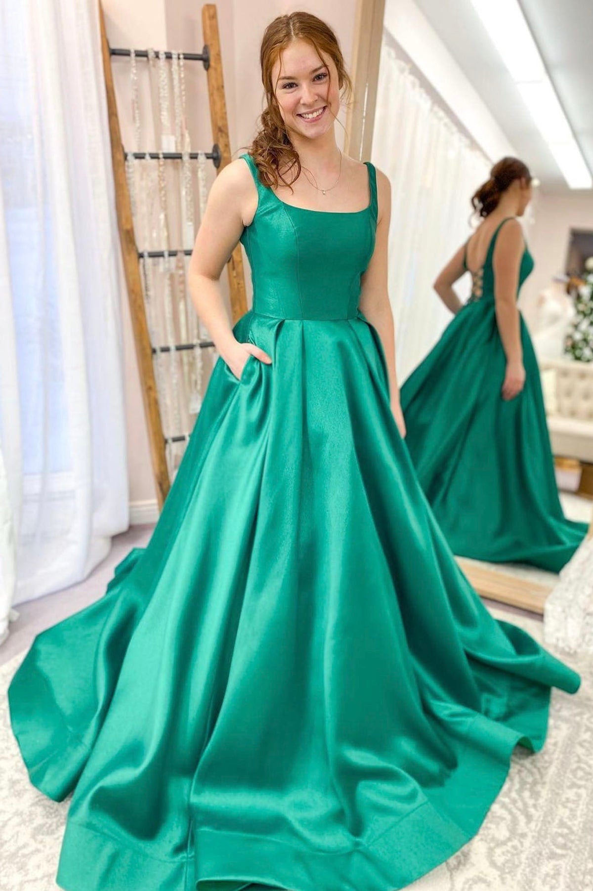 Green Satin Long Prom Dresses, A-Line Backless Graduation Dresses