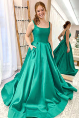 Green Satin Long Prom Dresses, A-Line Backless Graduation Dresses