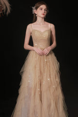 Shiny Tulle Sequins Long Prom Dress, Champagne A-Line Graduation Dress