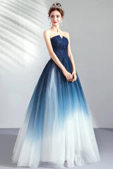 Blue Gradient Tulle Long Party Dresses, A-Line Elegant Lace-Up Prom Dresses