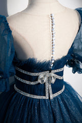 Blue Tulle Beading Long Prom Dresses, A-Line Evening Dresses