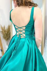 Green Satin Long Prom Dresses, A-Line Backless Graduation Dresses