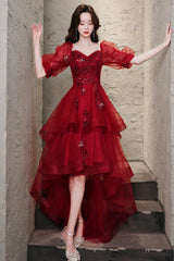 Burgundy Lace High Low Prom Dress, A-Line 1/2 Sleeve Evening Party Dress