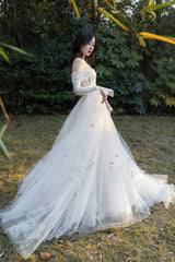 Ivory Tulle Long Sleeve Prom Dress, A-Line Evening Dress with Butterfly