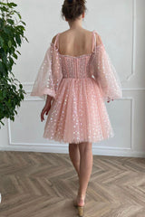 Pink Tulle Short A-Line Prom Dress, Lovely Long Sleeve Homecoming Party Dress
